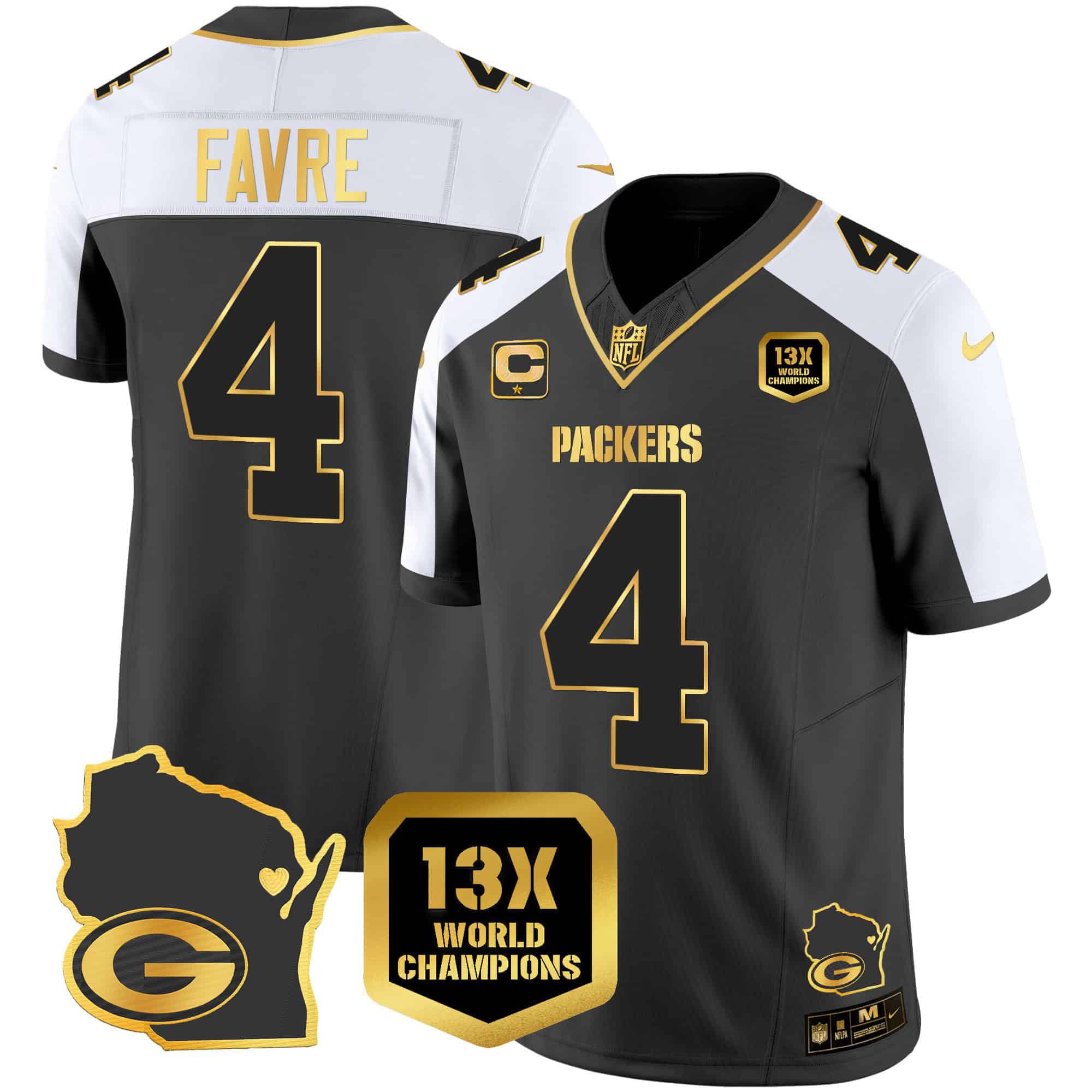 Men Green Bay Packers #4 Favre Black Gold 2024 Nike World Champions Home Patch Vapor NFL Jersey